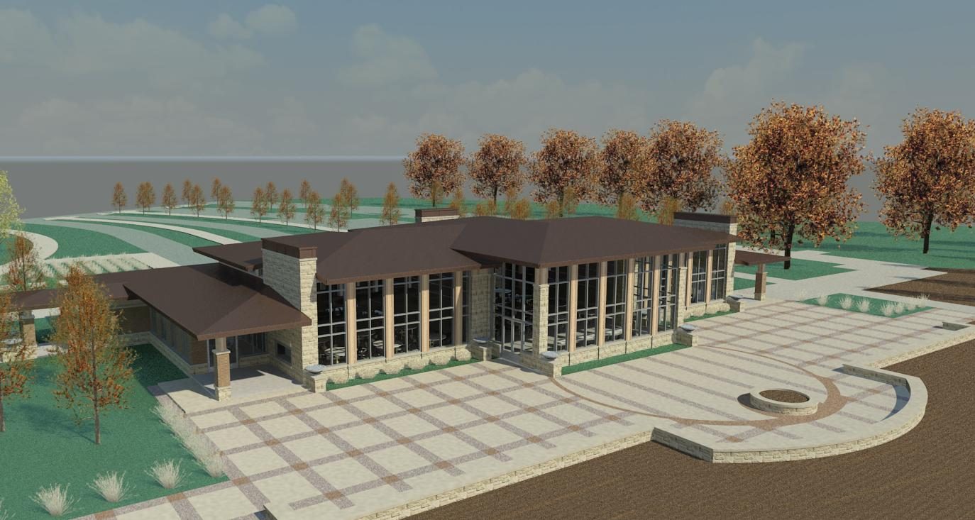 Aerial view of lakeside building with terrace
