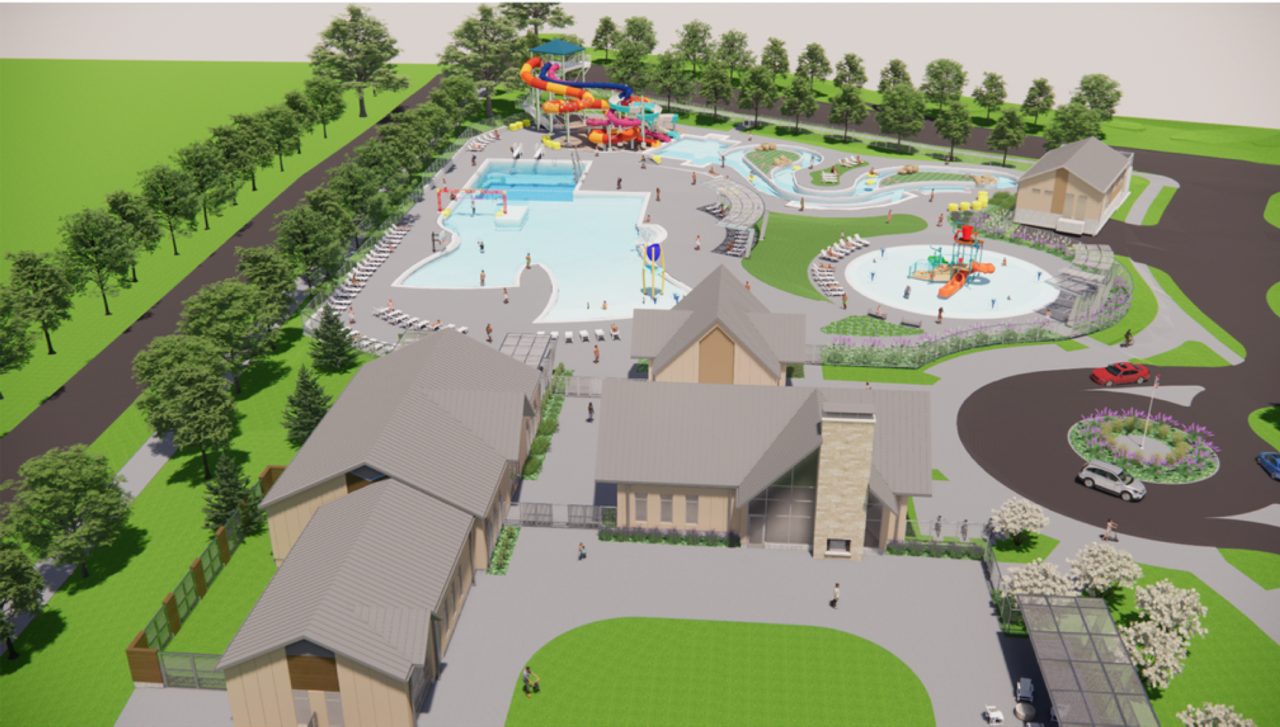 Aerial view of aquatic center and campus buildings